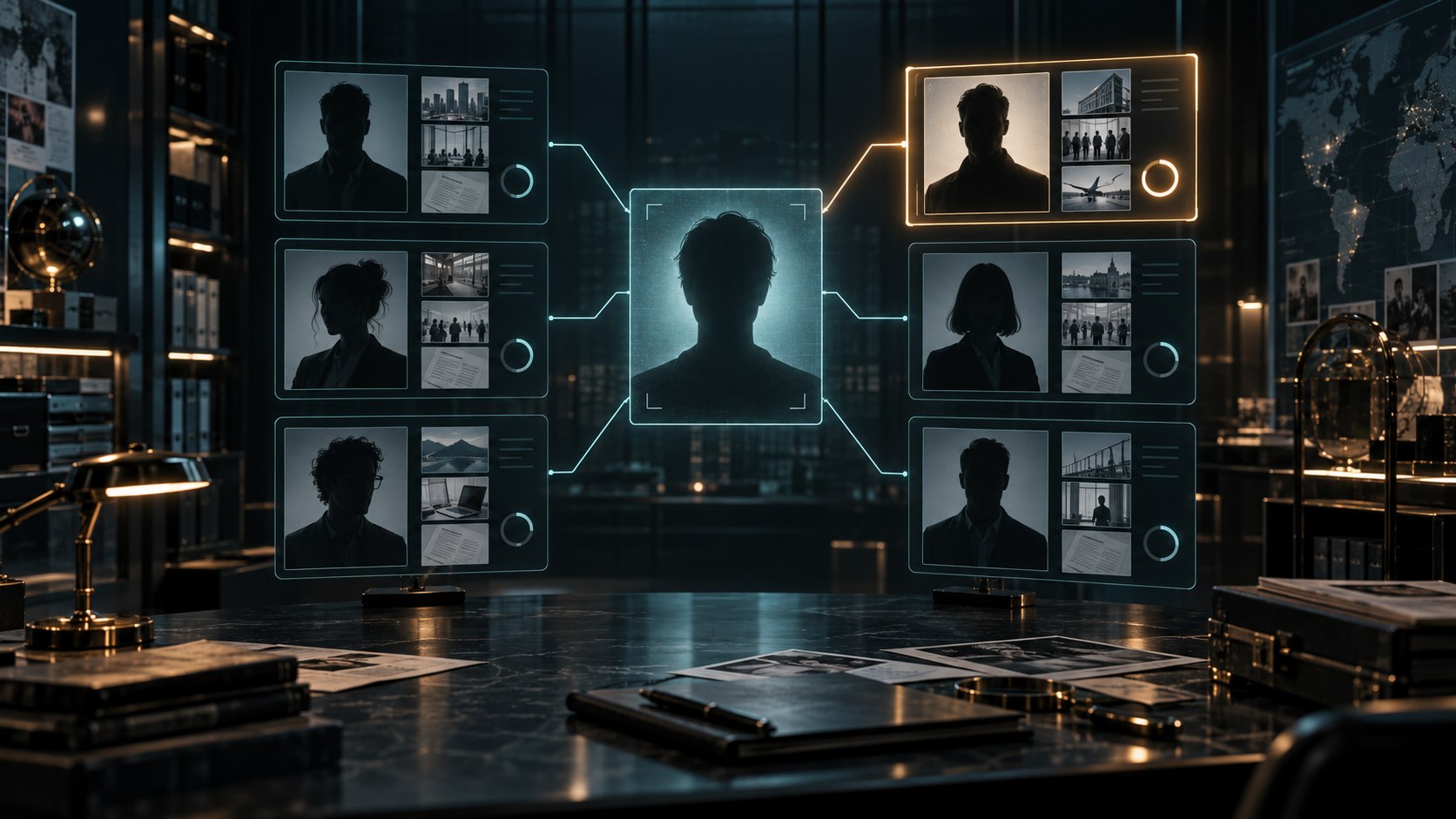 Illustration of a person query linked to several candidate portraits with one highlighted record and surrounding archive subjects