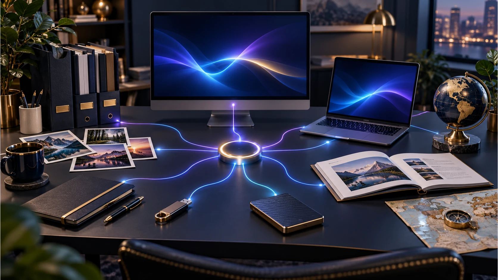 Illustration of a desktop workspace connected to documents, devices and a personal collection