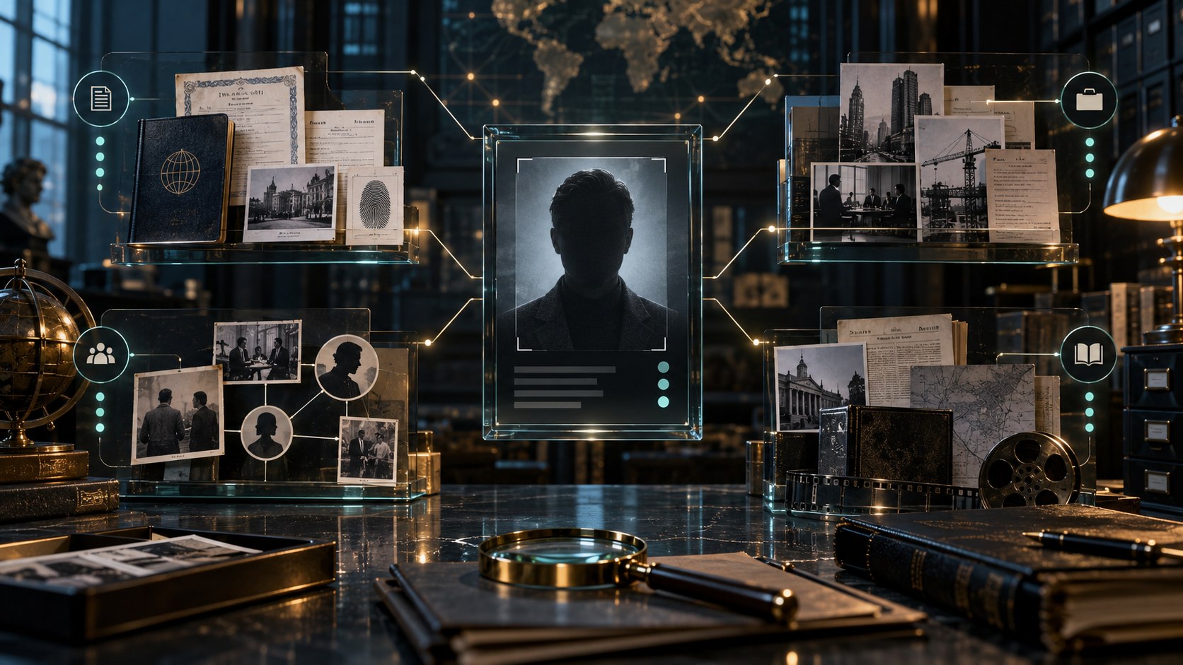 Illustration of a person record surrounded by identity documents career buildings photographs and archive subjects