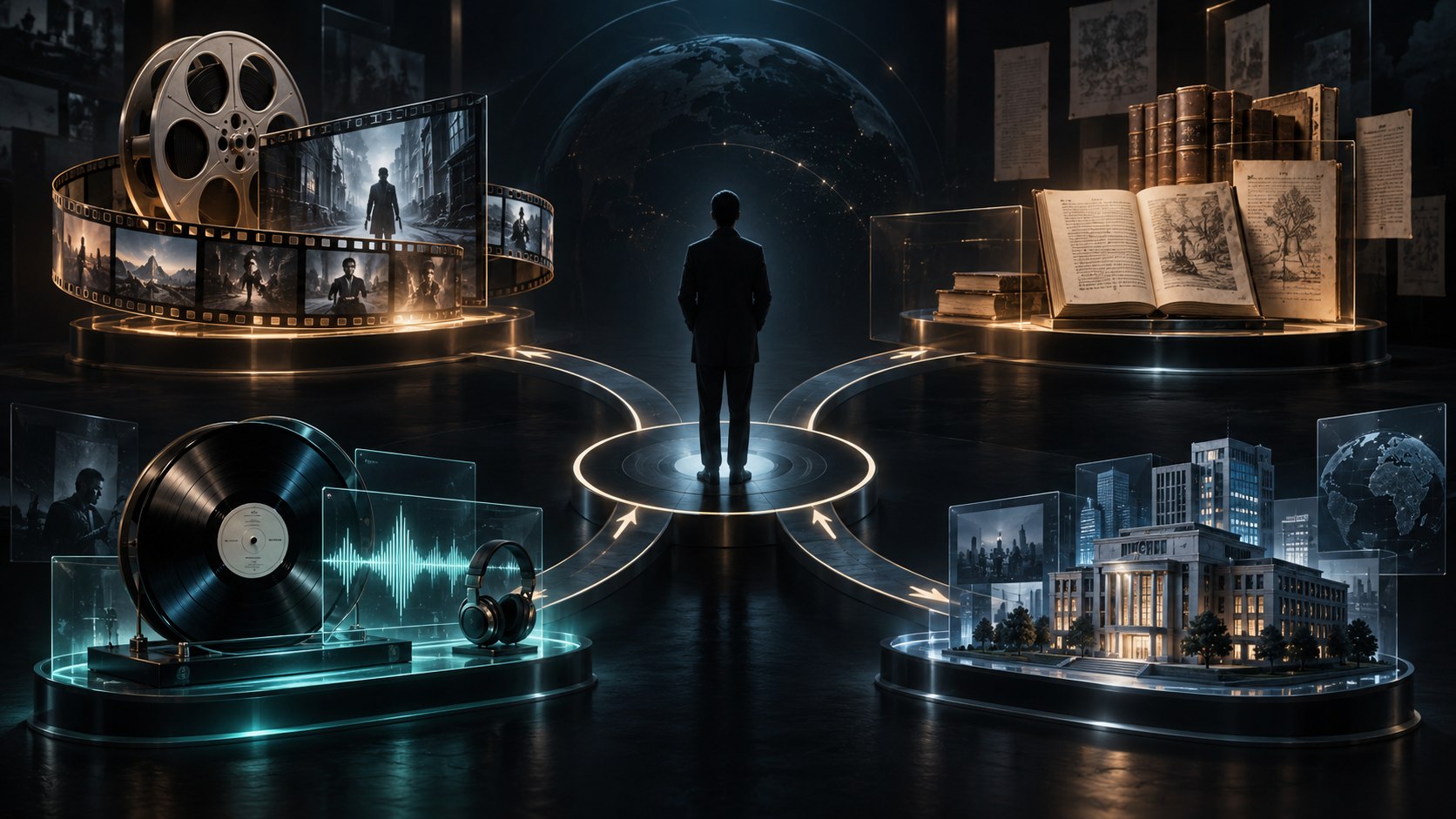 Illustration of a person connected to films books music and an organisation by illuminated paths